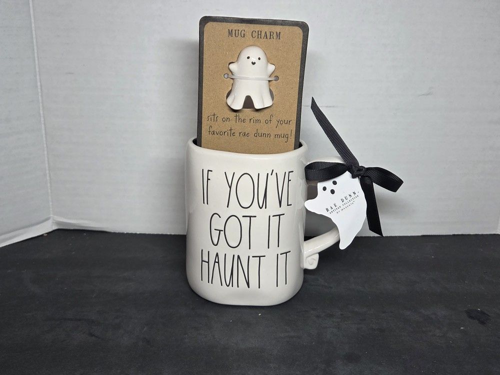 Rae Dunn "If You Got It Haunt It" Halloween Mug With Ghost Charm.