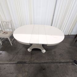White Painted Wood Pedestal Dining Table with Leaves