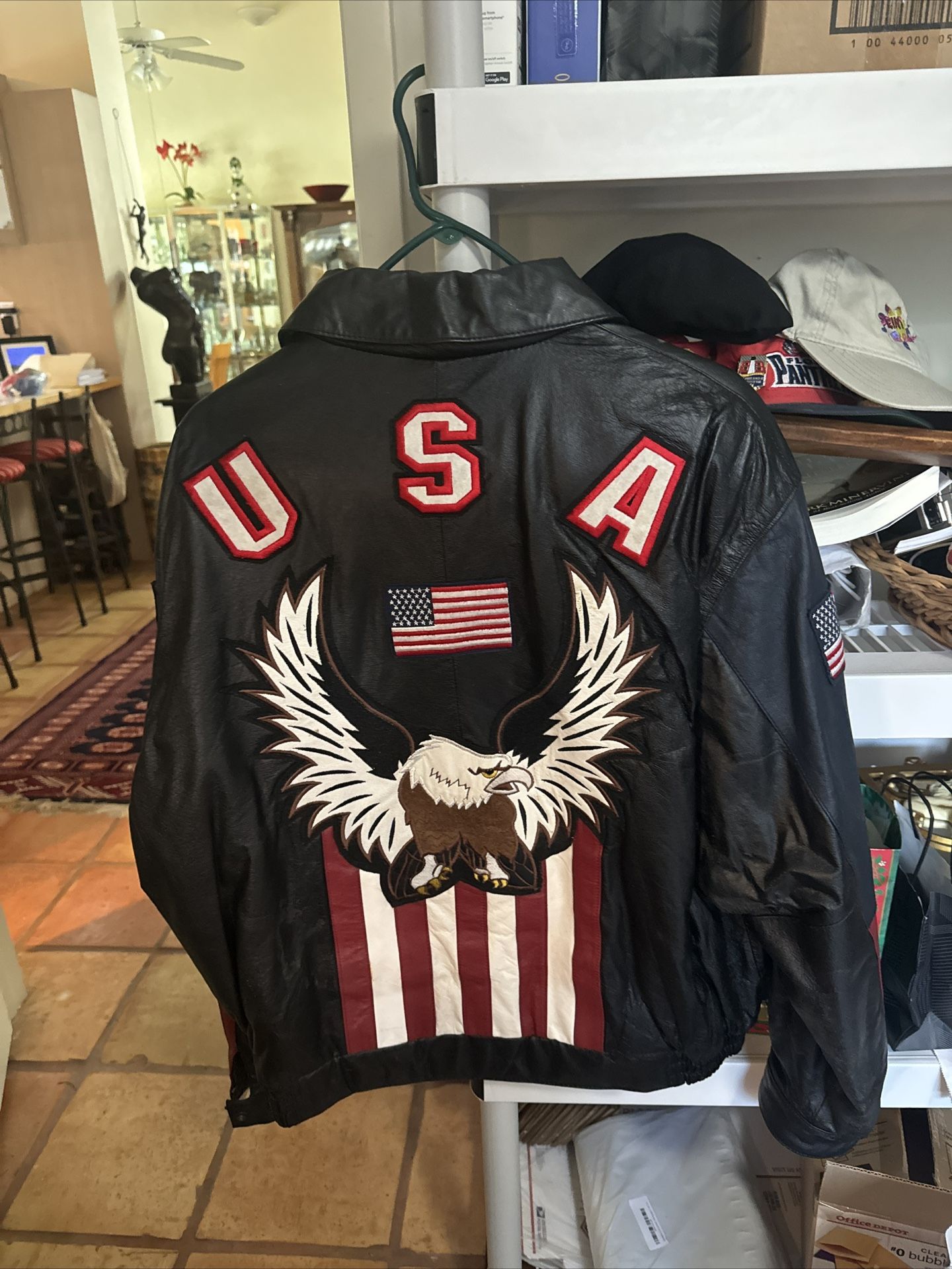 Vintage American Flag Eagle Back Leather Men's Large Biker Jacket