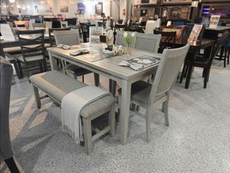 Gray Dining Table Set with Chairs and Bench