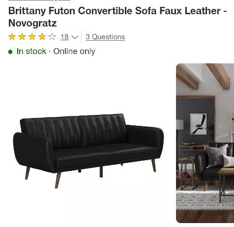 Black Faux Leather Convertible Sofa Couch