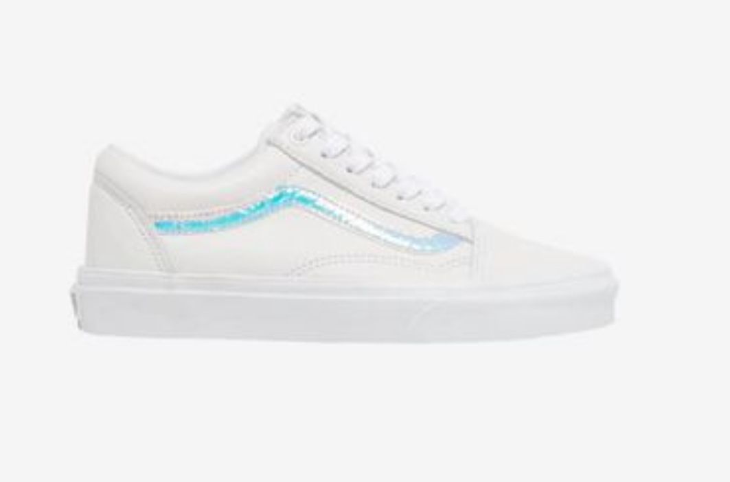 White “Old Skool” Vans W/ Iridescent Vans Mark