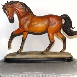 Vintage Arabian Brown Horse Stallion Statue Stone Wood Base 15x13x5" MantelPiece