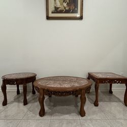 Vintage Marble Top Wood Tables Set Of 3