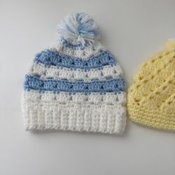 Handmade Crochet Hat Set – Blue & White + Yellow – Soft, Cozy, and Perfect for Cooler Weather