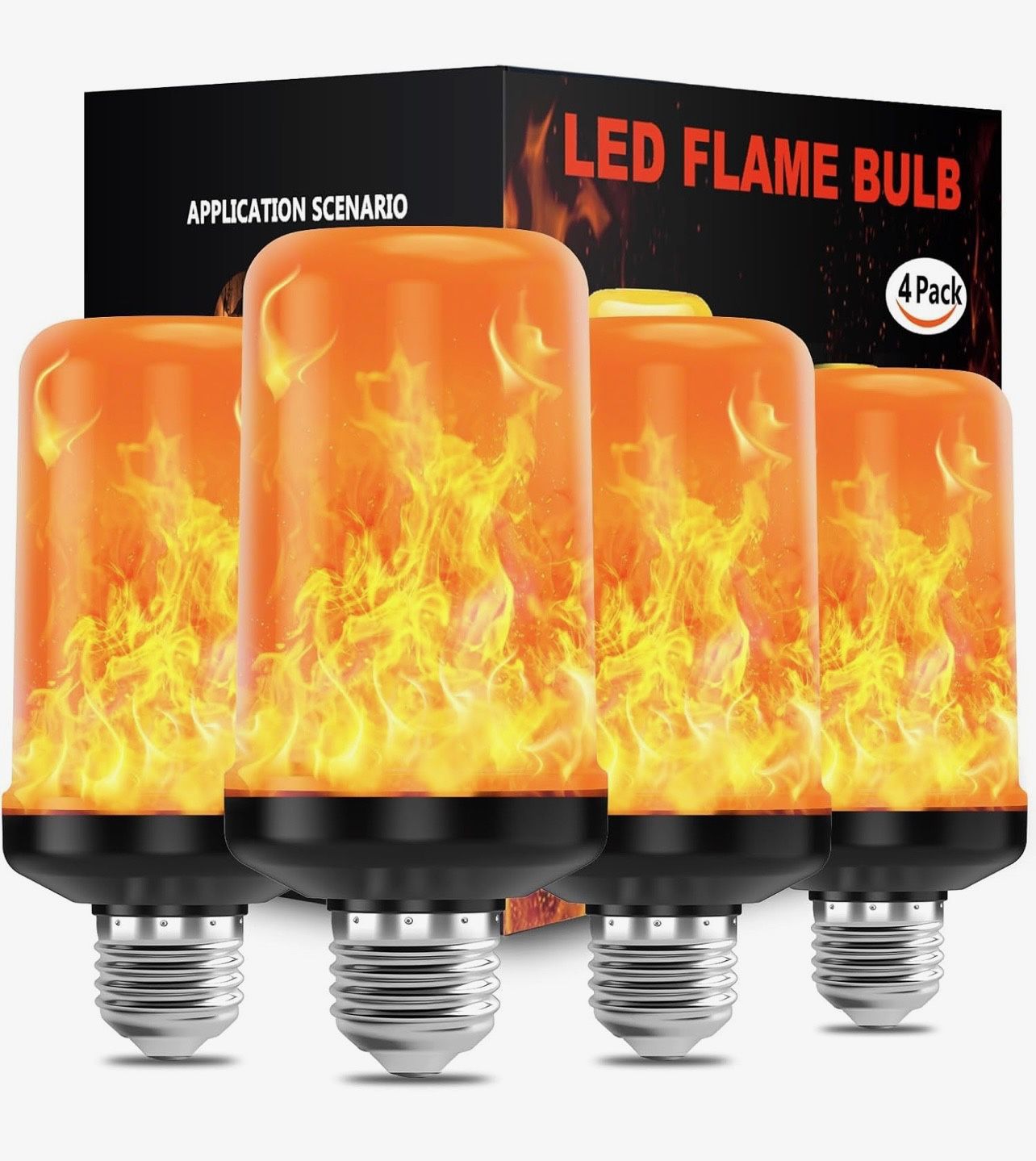 NEW LED Flame Light Bulbs, 4 Pack Flickering Light Bulbs, 4 Modes Halloween LED Bulbs, E26 Base Fire Bulb for Halloween, Christmas Decorations, Party,