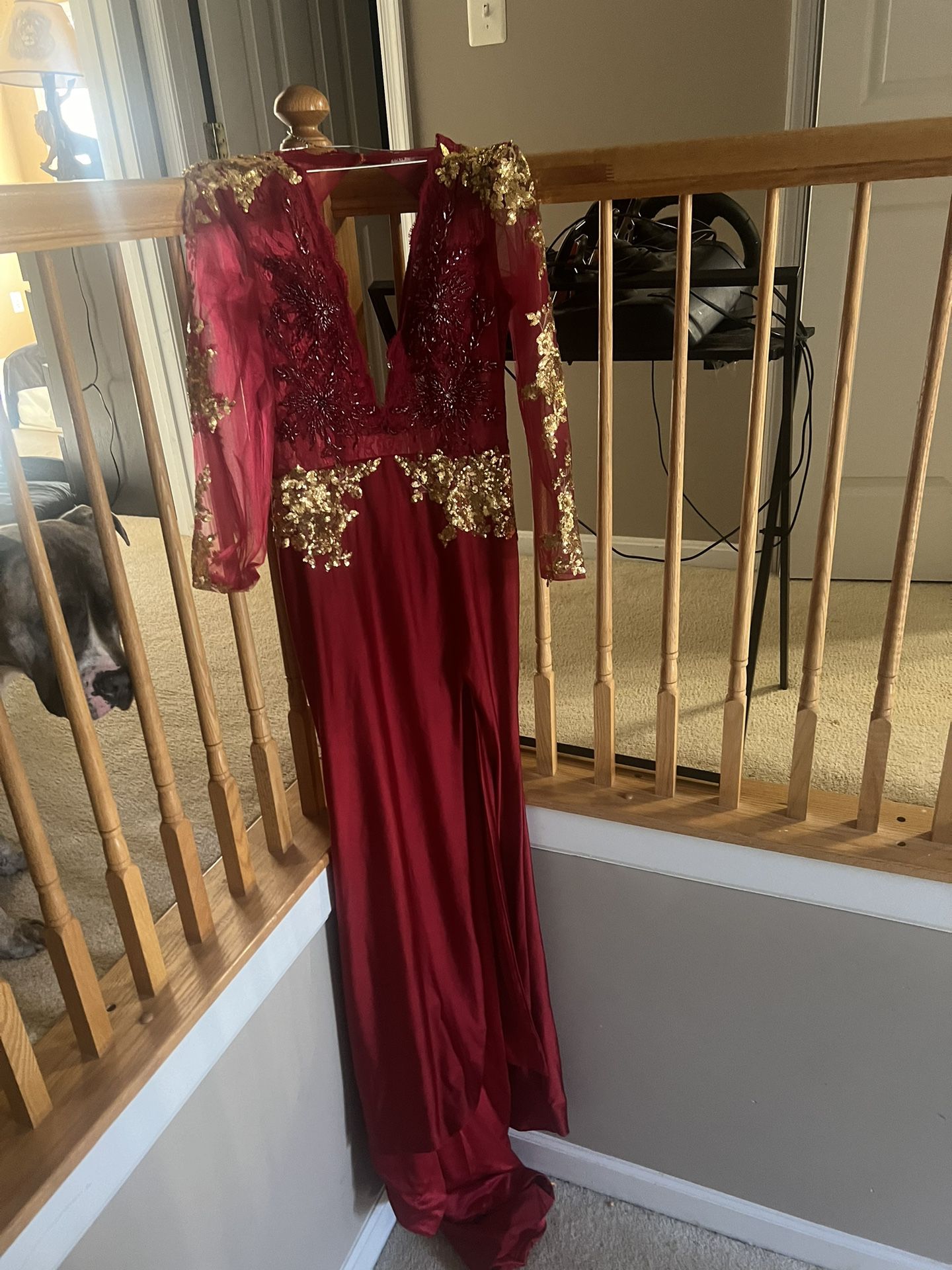 Red Prom Dress With Gold Accents 