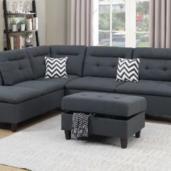 New Sectional W Storage Ottoman .  Charcoal , Black Or Grey.  106” X 77”