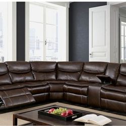 Brand New Plush Brown Leather Reclining Sectional Sofa