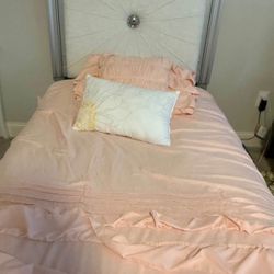 Elegant Twin Bed Frame – Silver Finish with Upholstered Headboard