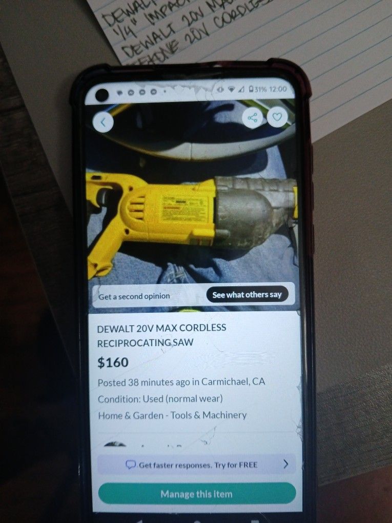 DEWALT 20V MAX CORDLESS RECIPROCATING SAW 