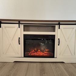 Fireplace TV Stand with Sliding Barn Door for TVs Fireplace Entertainment Center with Storage Cabinets/Adjustable Shelves, Di