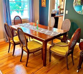 Vintage Drexel Heritage Cane Back Dining Chairs Set of 6 w/ Armchairs & Mustard Velvet Cushions
