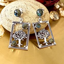 Labradorite Tree Of Life 925 Sterling Silver Overlay Handcrafted Stud Earrings
