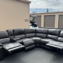 Dunhill Leather FC Power Reclining Sectional Sofa w/ Console & Cup Holders – Home Theater Couch