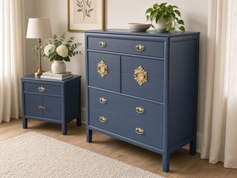 Vintage Century Furniture Mid-Century Chinoiserie Dresser & Nightstand Set – Refinished Slate Blue