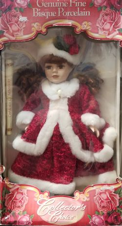 VINTAGE CHRISTMAS PORCELAIN DOLL! NEW IN BOX VINTAGE COMES WITH CERTIFICATE! BOX IS VINTAGE