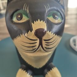 Handcarved Wooden Folk Art Black And White Cat Figurine  Statue Primitive Cat Lovers Decor
