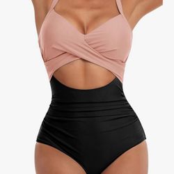 Women's One Piece Swimsuits Tummy Control Cutout High Waisted Bathing Suit Wrap Tie Back 1 Piece Swimsuit 