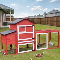 Chicken Coop Expandable Mobile Chicken House for Outdoor with Wheels, Nesting Box, Leakproof Pull-on Tray and UV-Resistant Roof Panel (Red)