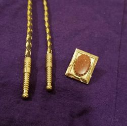 Country & Western Oval Sandstone Gold Tone Bolo Tie Neck Leather Rodeo Heavy Aig