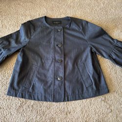 Women’s Ann Taylor LOFT Dark Outlet Chambray Bell Sleeve Ruffle Crop Jacket