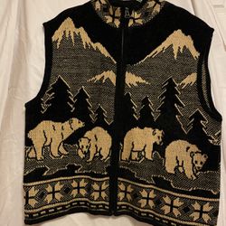 Ladies Lisa International Sweater Vest Black Bear Beige Mountain Zip Front L Large
