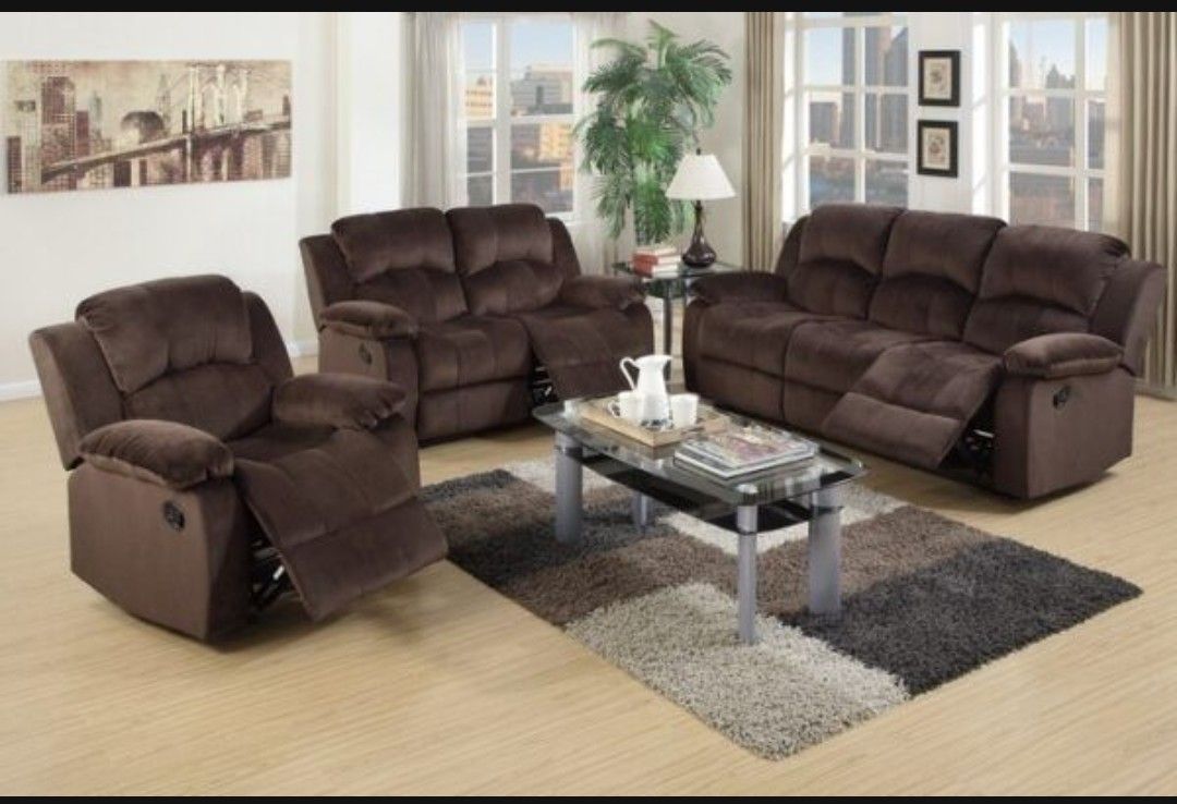 Brand New Brown Padded Suede 3pc Reclining Sofa Set