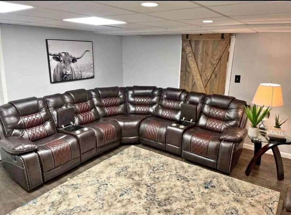 Brown & Cherry Leather Recliner Curve Sofa, Sofa + Loveseat + Chair