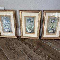 3 Framed  Blue Floral Pictures 
