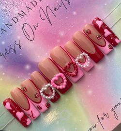 Long square Press on nails pink hearts red French tip