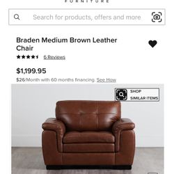 ** BRAND NEW ** LARGE - OVERSIZED - BROWN LEATHER SOFA CHAIR - CITY FURNITURE - BRADEN COLLECTION 