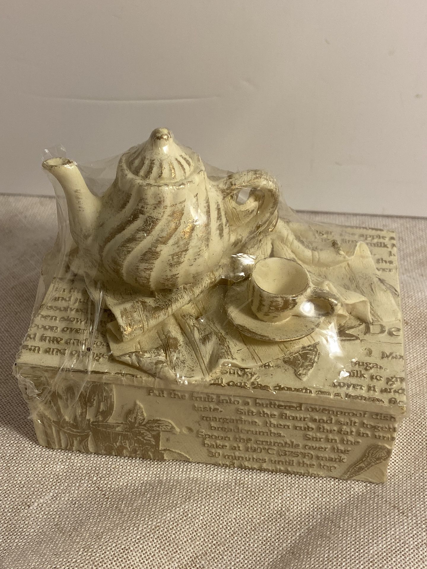 90s Trinket Box mini Teapot set Figurine Lid Top gold tea print vintage