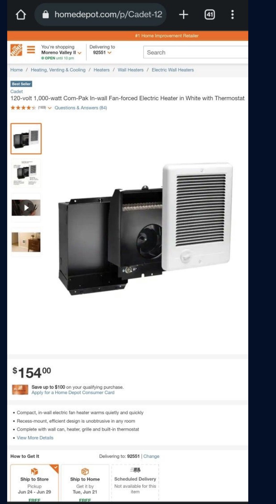 120 volt 1,000 watt Com Pak In wall Fan forced Electric Heater in