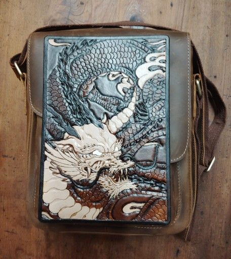 New Handmade Tooled And Carved Asian Dragon On A Messenger Bag. Comes With Your Initials Stamped
