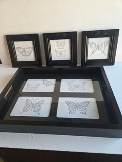 Pretty tray, and framed wall decor. 4 pieces total