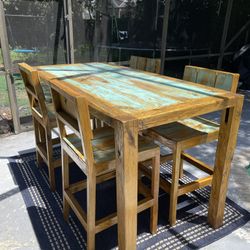 High-top Solid Wood Outdoor Dining Table Patio Set With Four Chairs By Kerf And Bevel