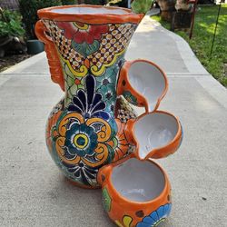 Orange Talavera Water Fountain. Clay Pots, Planters,Pottery,Plants.