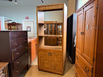 Campaign-Style Open Bookcase with Patchwork Wood Pattern Lower Doors