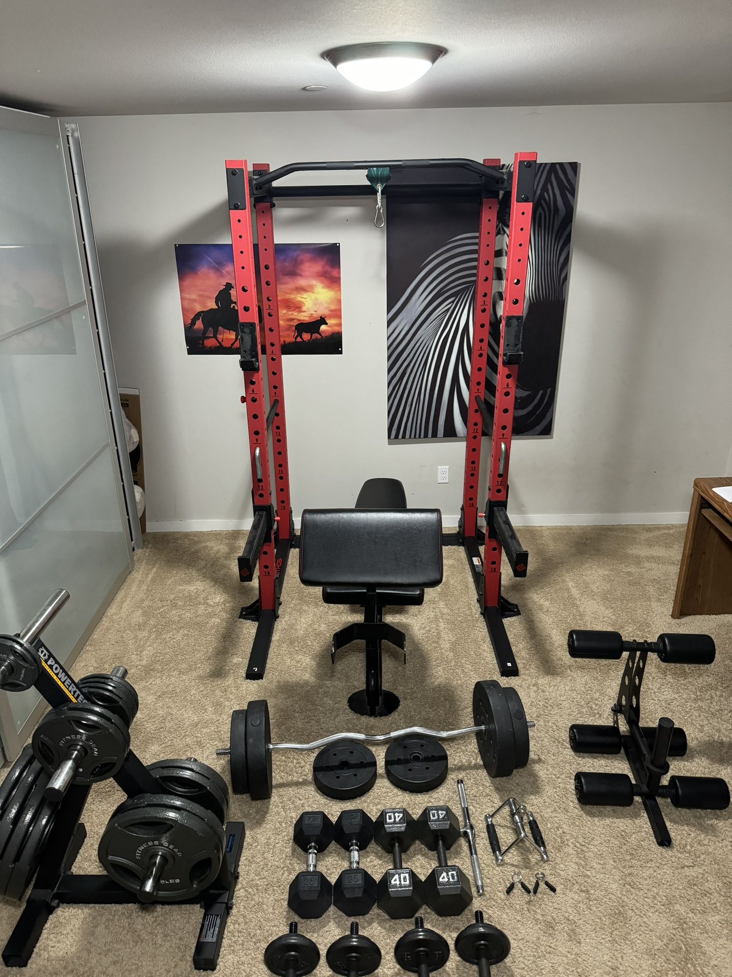 Home gym free weights, power rack, bench, Rogue bar