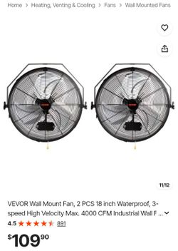 VEVOR Wall Mount Fan, 2 PCS 18 inch Waterproof, 3-speed High Velocity Max. 4000 CFM Industrial Wall Fan for Indoor, Commercial, Residential, Warehouse
