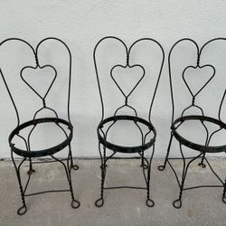 Vintage Black Childs Wrought Iron Ice Cream Parlor Chair Sweetheart Back (3 Chairs)