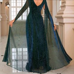 Elegant Emerald Green Gown with sheer scarf arms