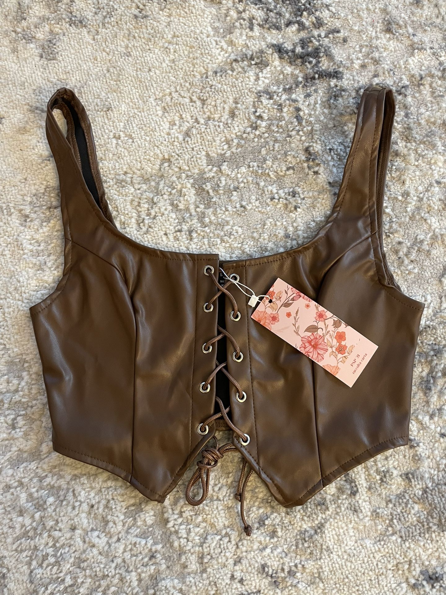 Brown Faux Leather Tie Up Vest