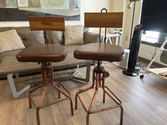 Pair of Industrial Copper and Leather Swivel Bar Stools