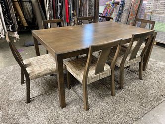 DUNBAR Vintage Mid-Century Modern Rectangular Dining Table w/ 6 Upholstered Woodback Dining Chairs (Set of 7)