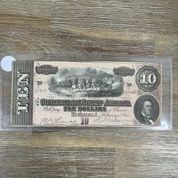 $10 Currency Confederate States Of America 1864 Civil War Era 