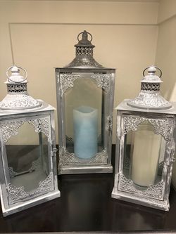 Set of 3 Distressed Silver Metal & Glass Decorative Lanterns