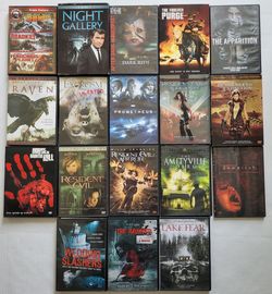 (Lot Of 18) Assorted DVDs Horror/Thriller/Slasher/Creature/Excellent Condition. Movie List Row 1:Triple Feature: Behemoth / Roadkill / Ferocious Plan