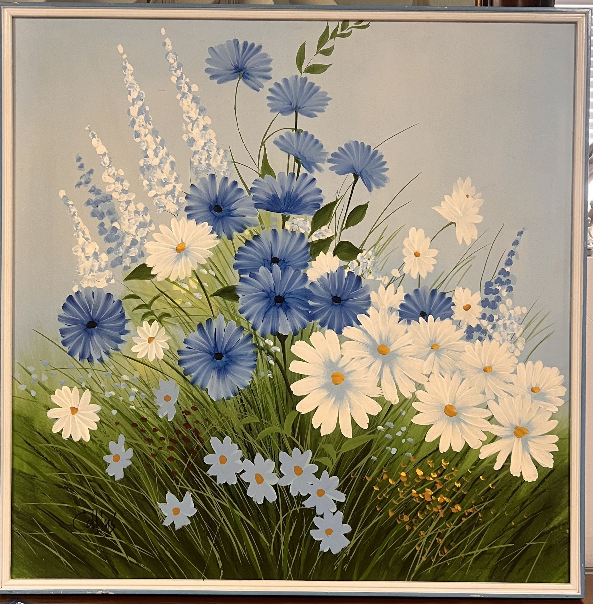 Daisy oil painting on canvas by Collin’s , 37” by 37”.